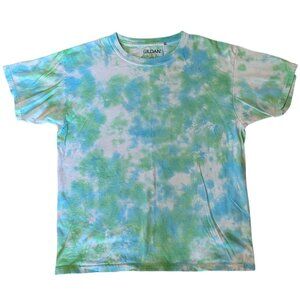 Gildan Youth Large Tie Dye T-Shirt Blue Green 100% Cotton Unisex Kids Tee